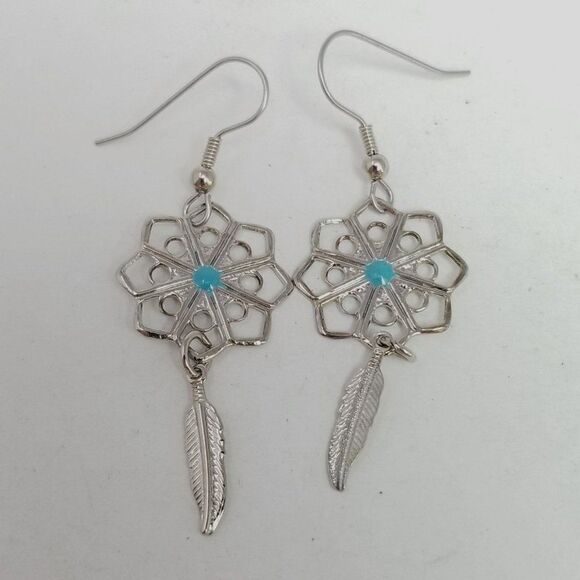 Vintage Feather Dangle Charm Earrings, Silver Tone Filigree Style Estate - Picture 6 of 6